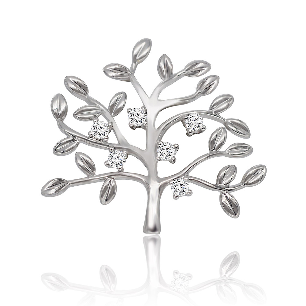 Silver Tree CZ Brooch Pin